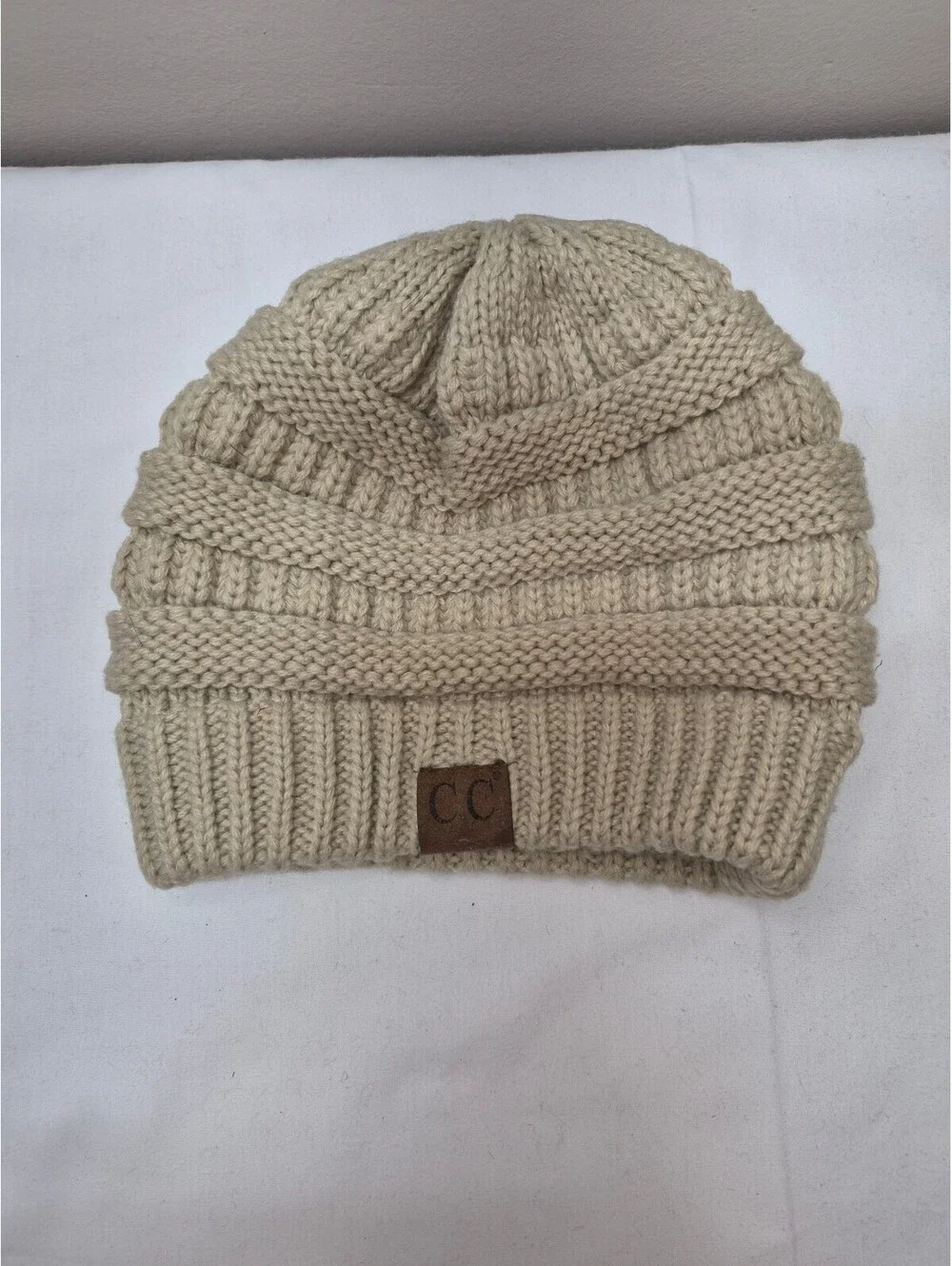 CC Brand Beige Knit Beanie Hat 100% Acrylic Winter Cap B474